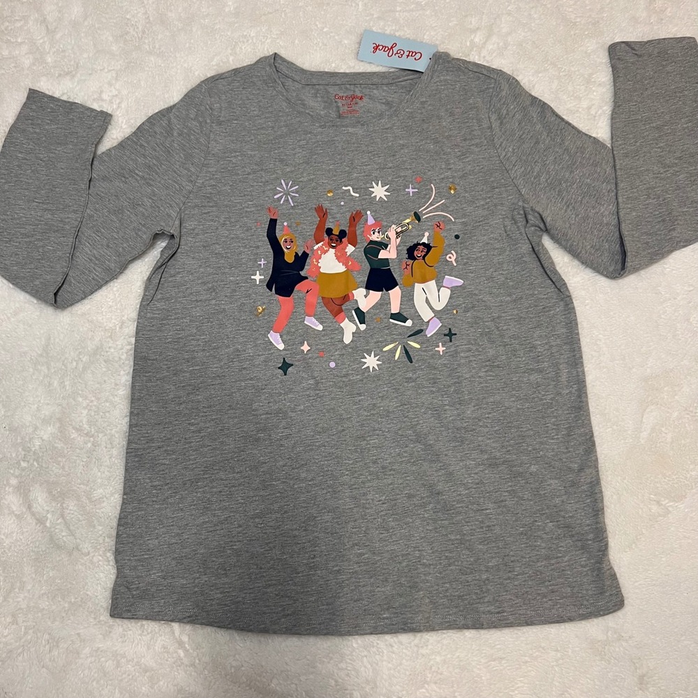 Cat Jack Kids Heather‎ Gray Long Sleeve Graphic T Shirt Kids XL 14 16 Plus NWT
